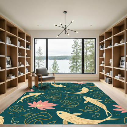 Teal Golden Fish Lotus Garden Rug