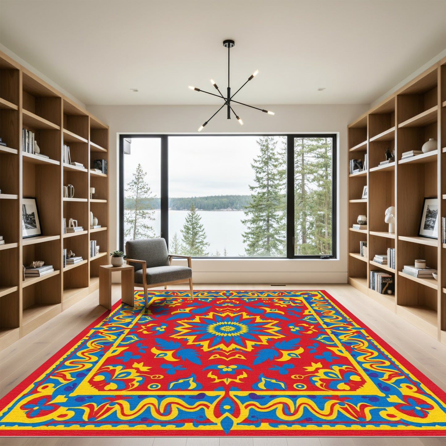 Vibrant Red Blue Yellow Medallion Border Rug