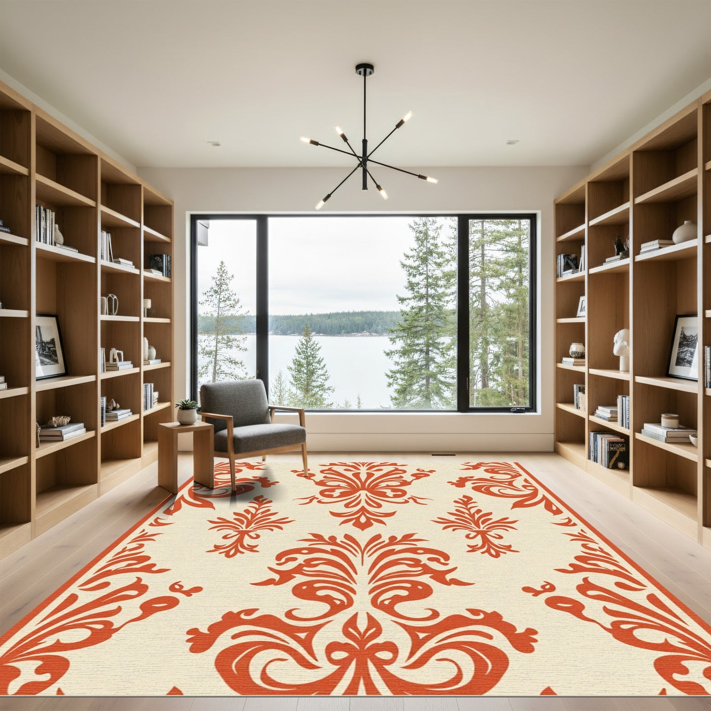 Burnt Orange Floral Scroll Damask Rug