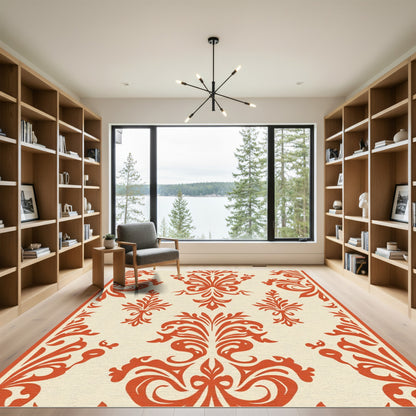 Burnt Orange Floral Scroll Damask Rug