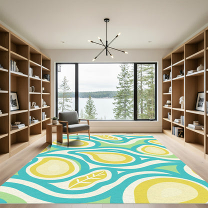 Retro Teal Yellow Leaf Swirl Rug