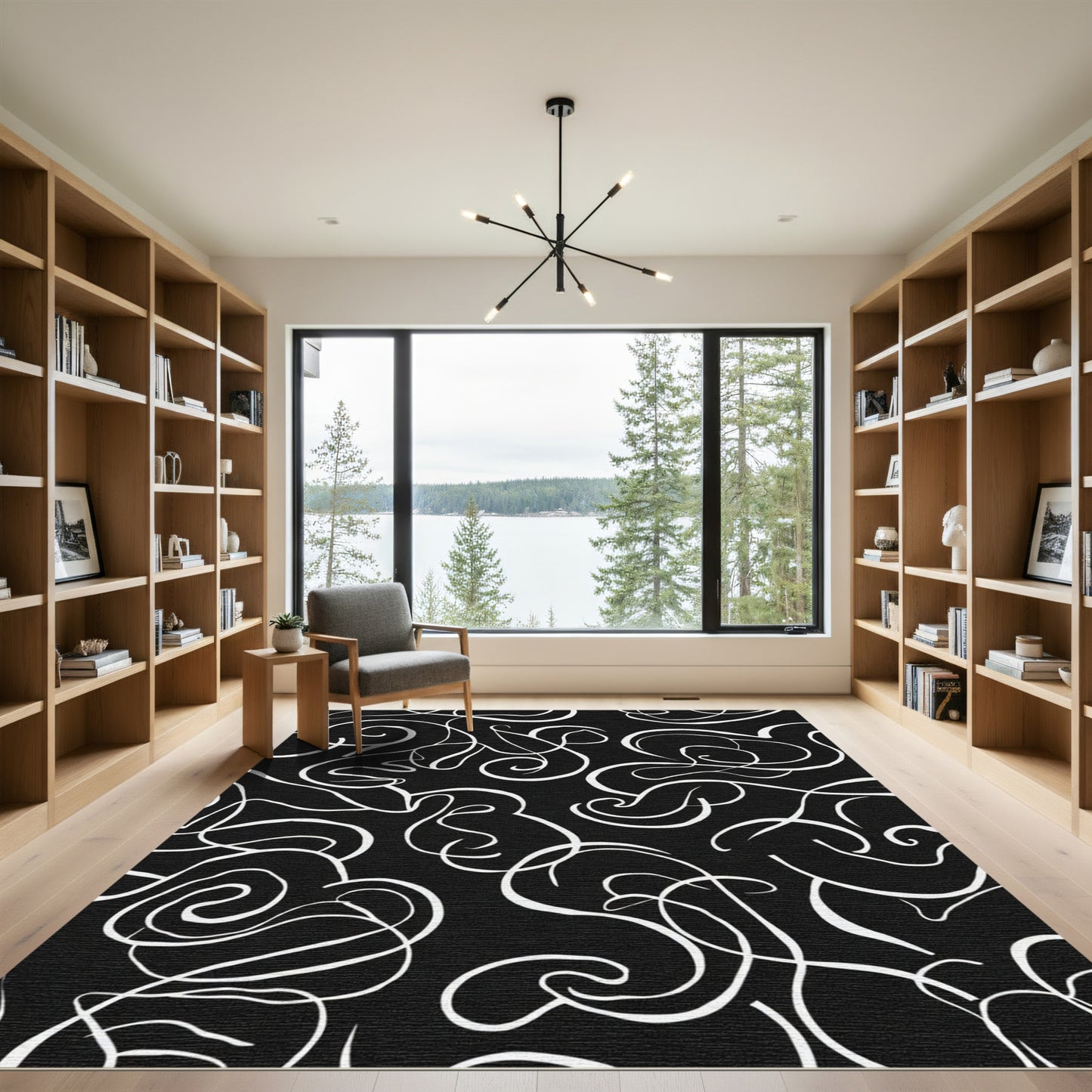 Black White Abstract Swirl Line Rug