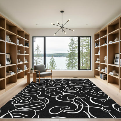 Black White Abstract Swirl Line Rug