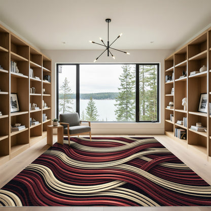 Crimson Cream Wavy Ribbon Composition Rug