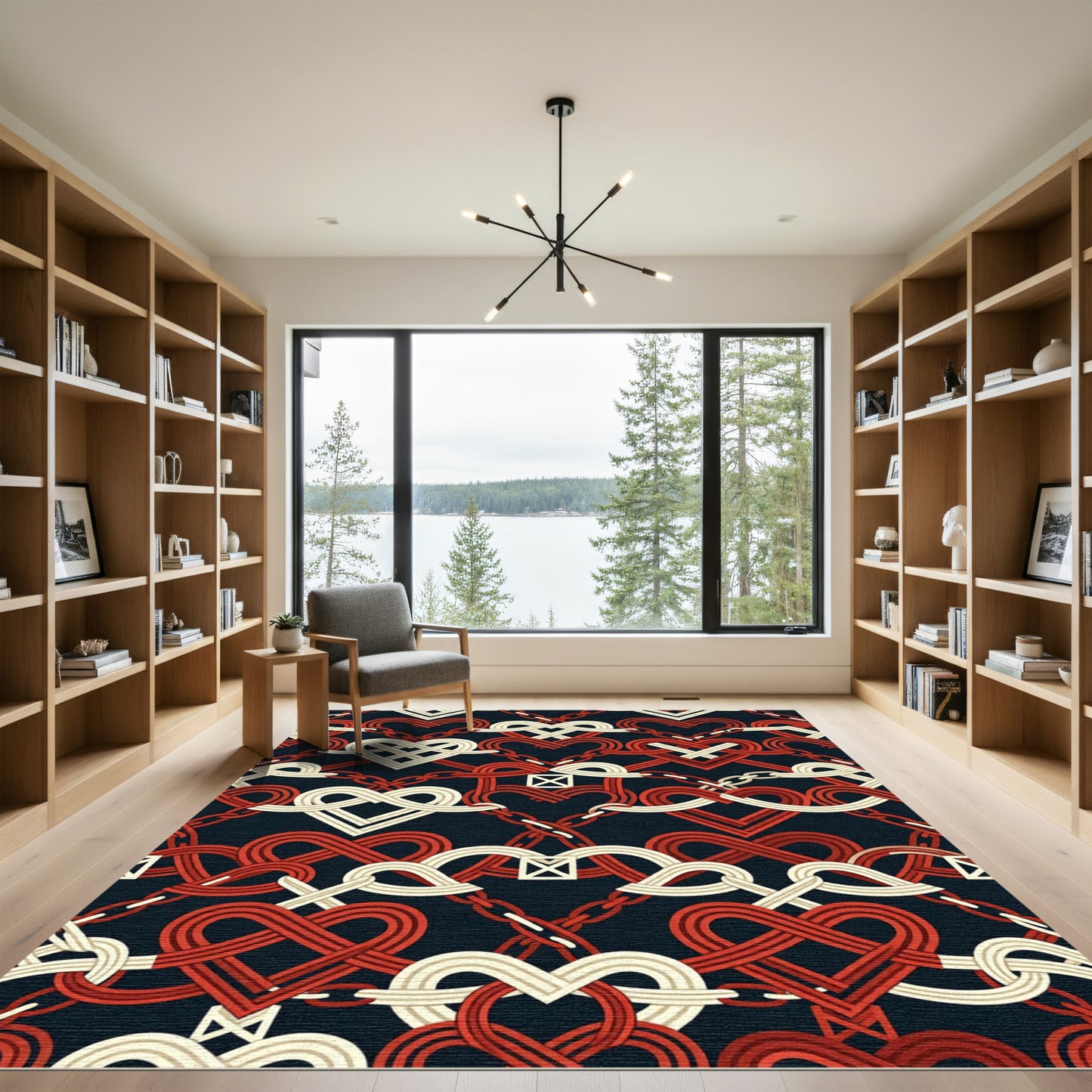Interlocking Crimson and Cream Heart Weave Rug