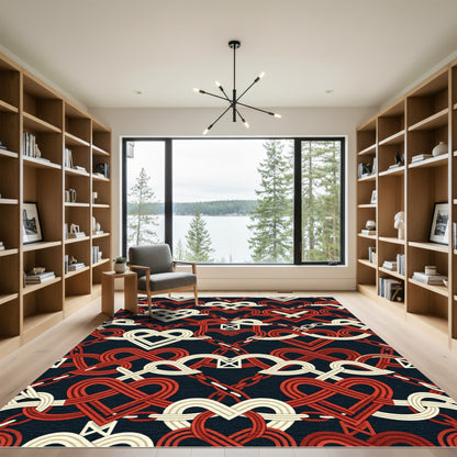 Interlocking Crimson and Cream Heart Weave Rug