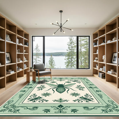 Serene Green Bee Floral Border Rug