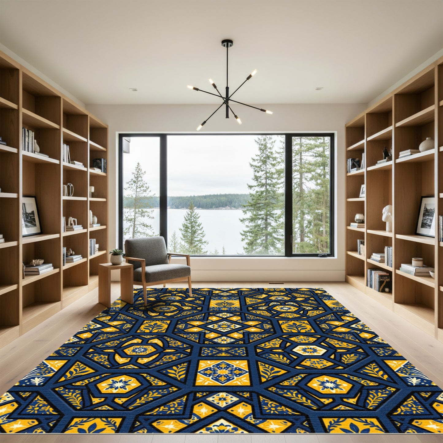 Cobalt and Gold Floral Geometric Tile Rug