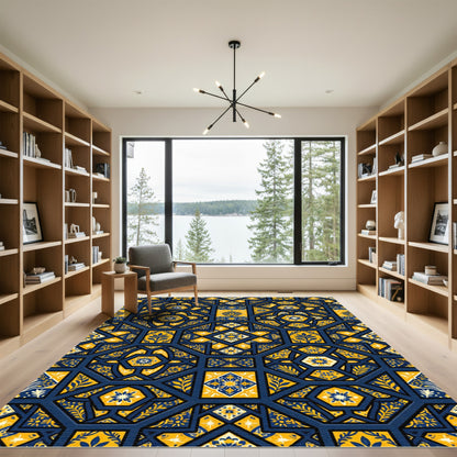 Cobalt and Gold Floral Geometric Tile Rug