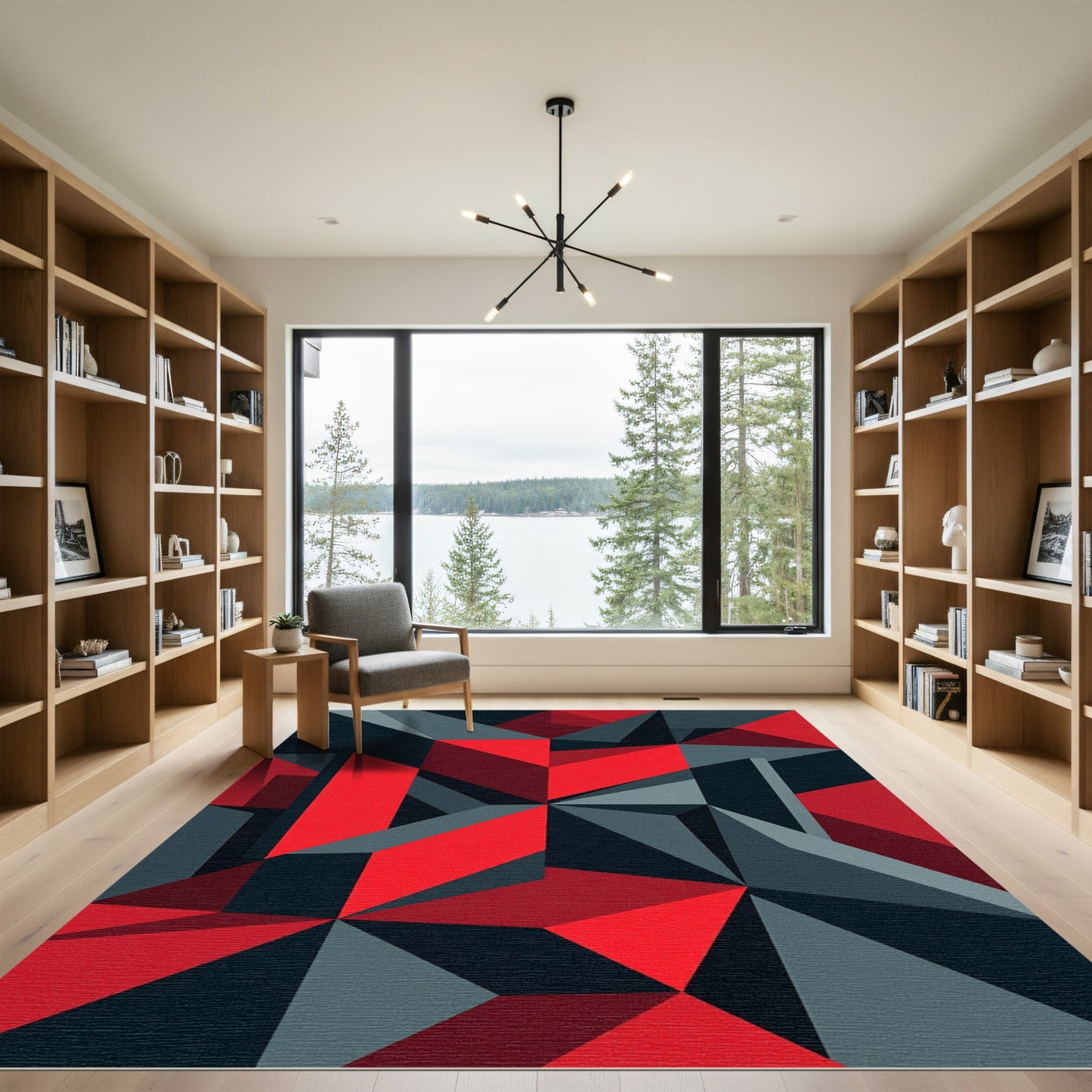 Bold Red and Charcoal Geometric Abstract Rug