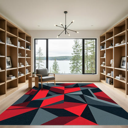 Bold Red and Charcoal Geometric Abstract Rug