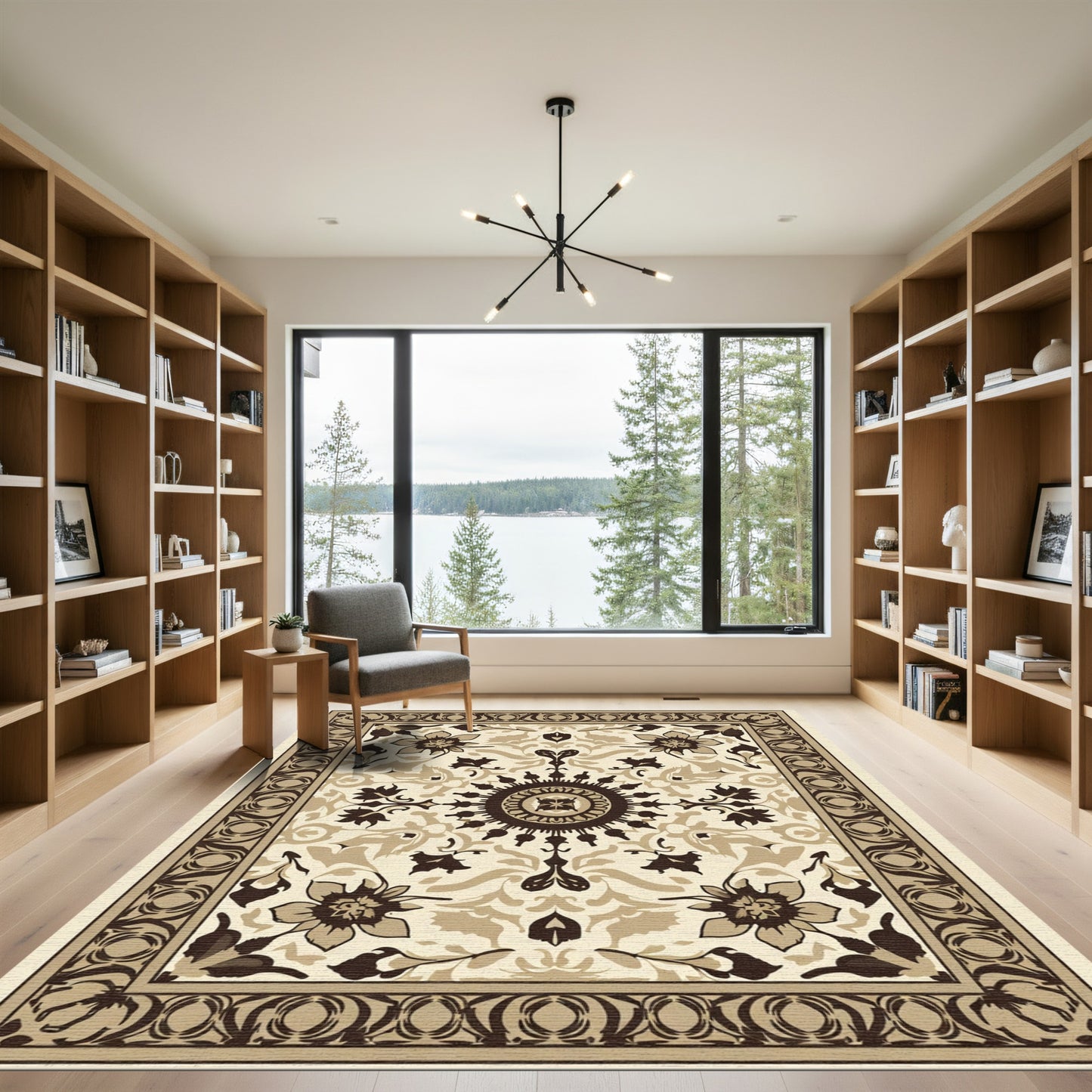 Cream and Brown Floral Medallion Rug