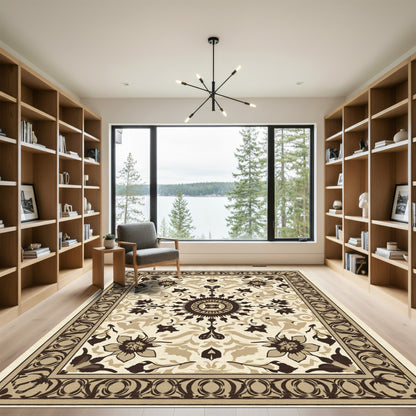 Cream and Brown Floral Medallion Rug