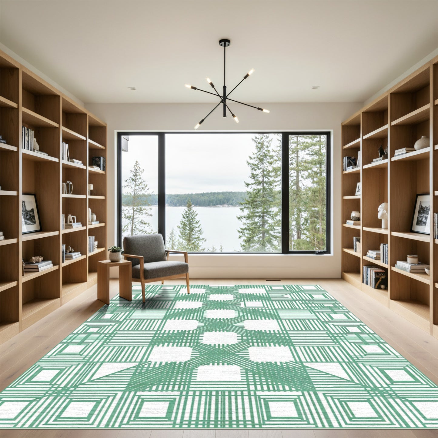 Mint Green Intersecting Square Lines Rug