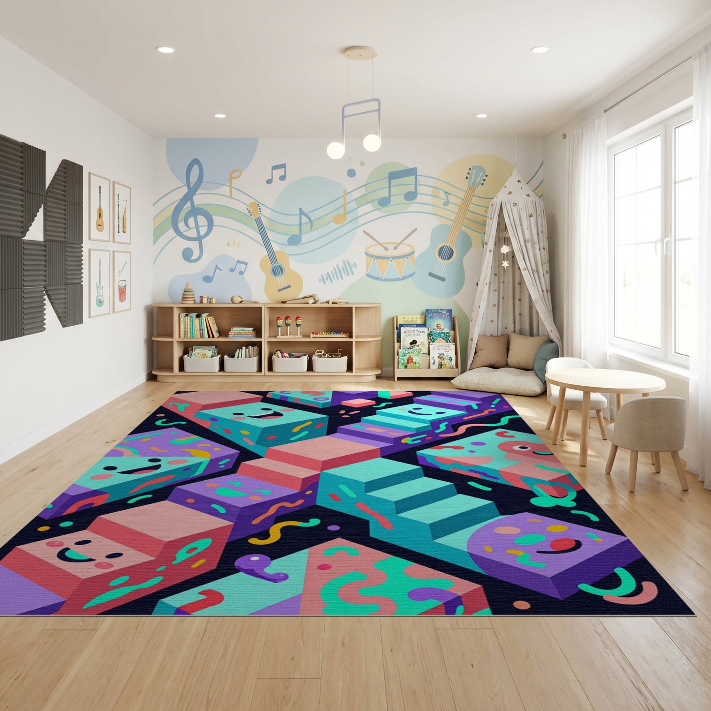 Playful Stacked Smiling Cubes Rug