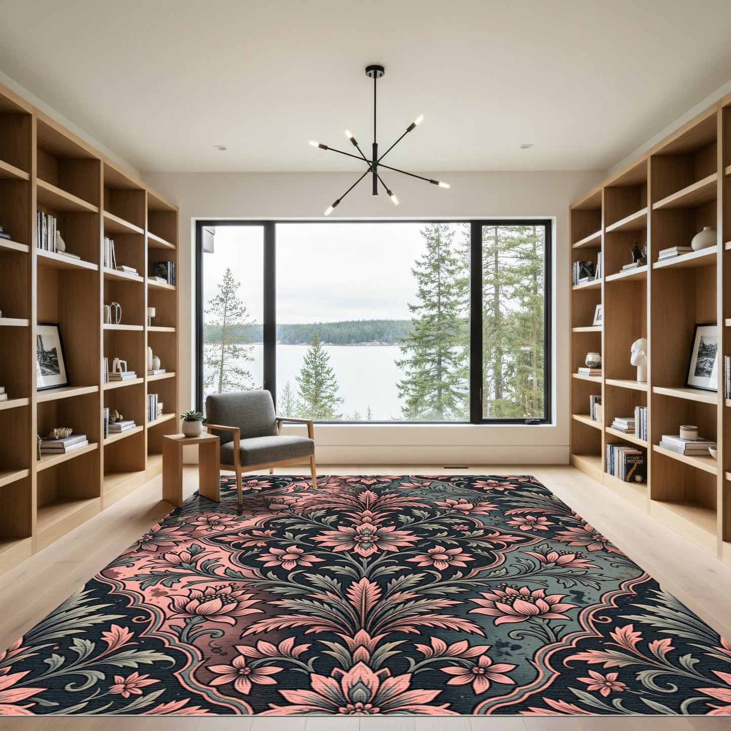 Coral Pink Floral Scrollwork Lattice Rug