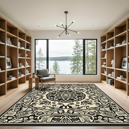 Black Beige Floral Medallion Composition Rug