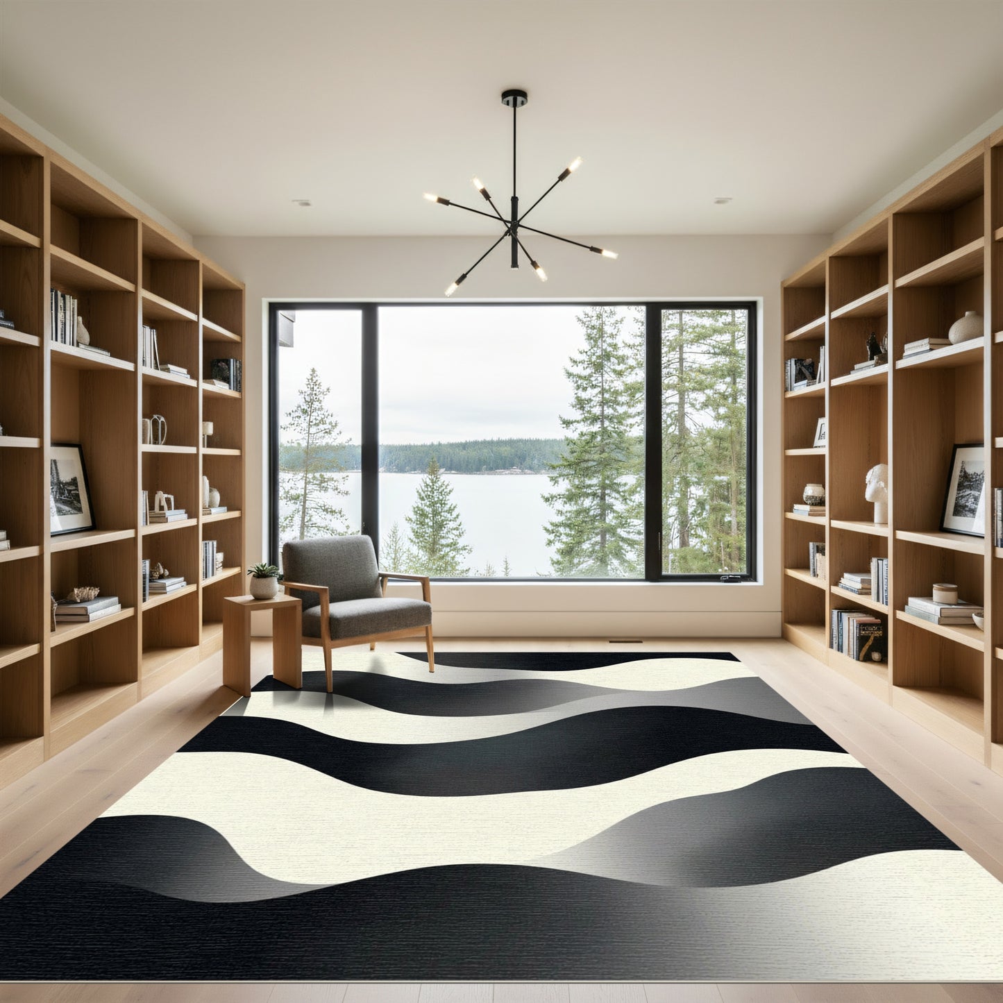 Monochromatic Black Cream Wavy Stripes Rug