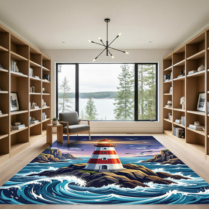 Coastal Red White Lighthouse Seagull Waves Rug
