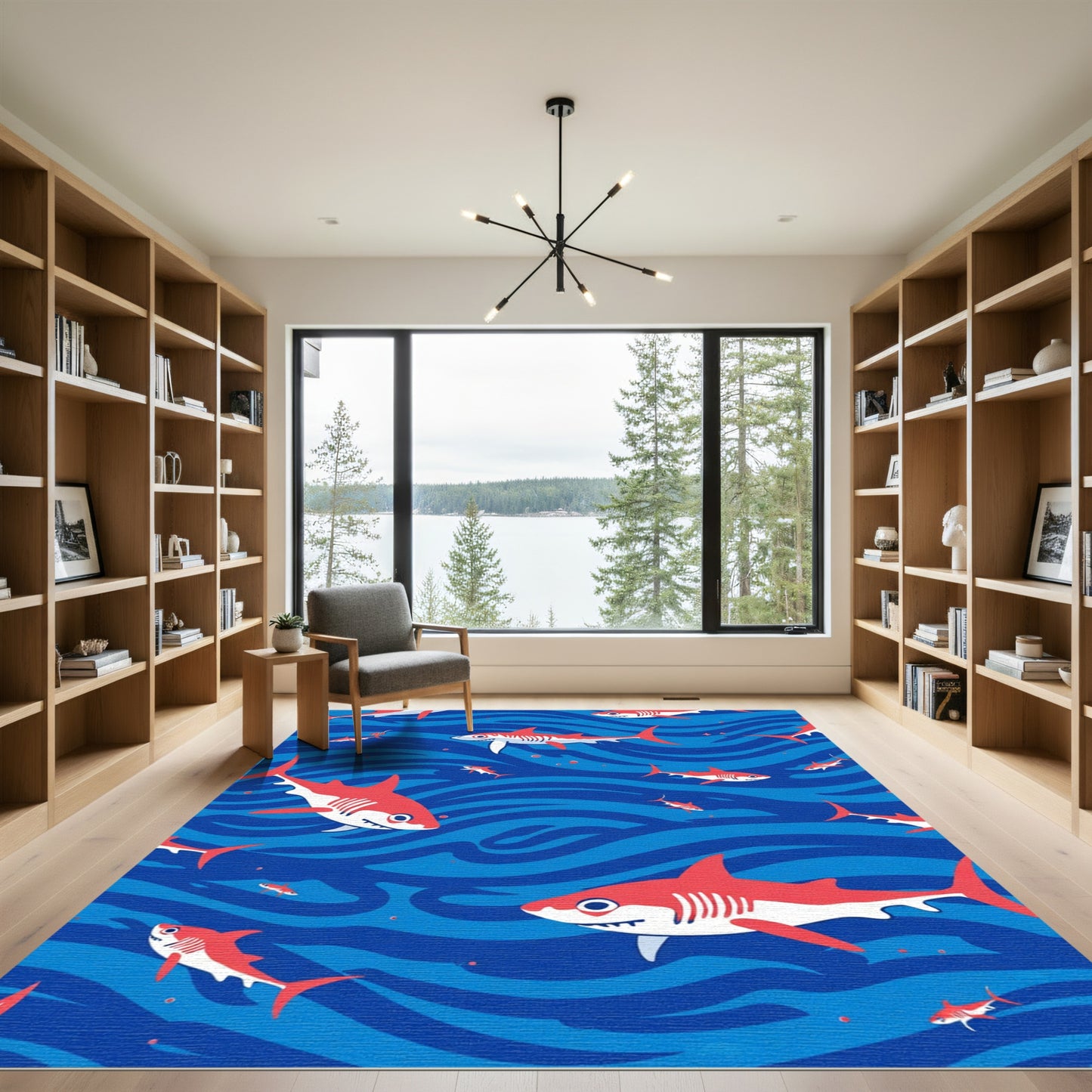 Red Sharks Amidst Blue Waves Rug