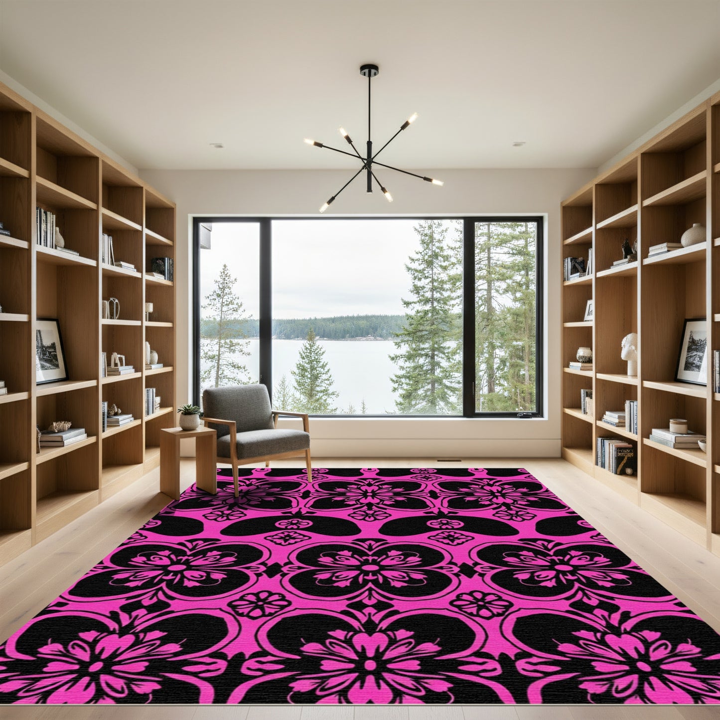 Hot Pink Damask Floral Arrangement Rug