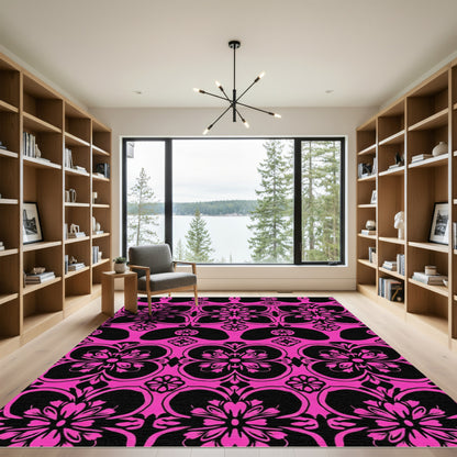 Hot Pink Damask Floral Arrangement Rug