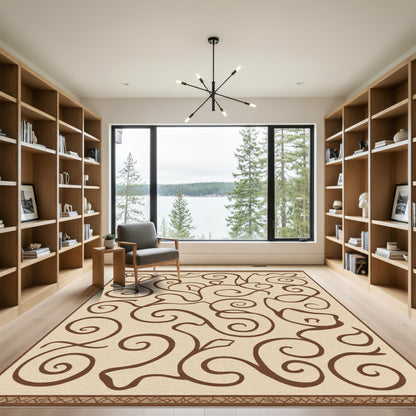 Earthy Brown Swirl Vine Calligraphy Rug