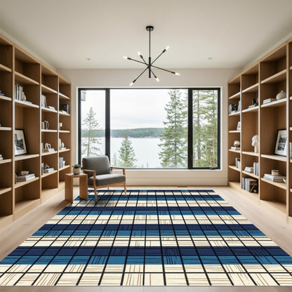 Navy and Cream Plaid Grid Woven Rug