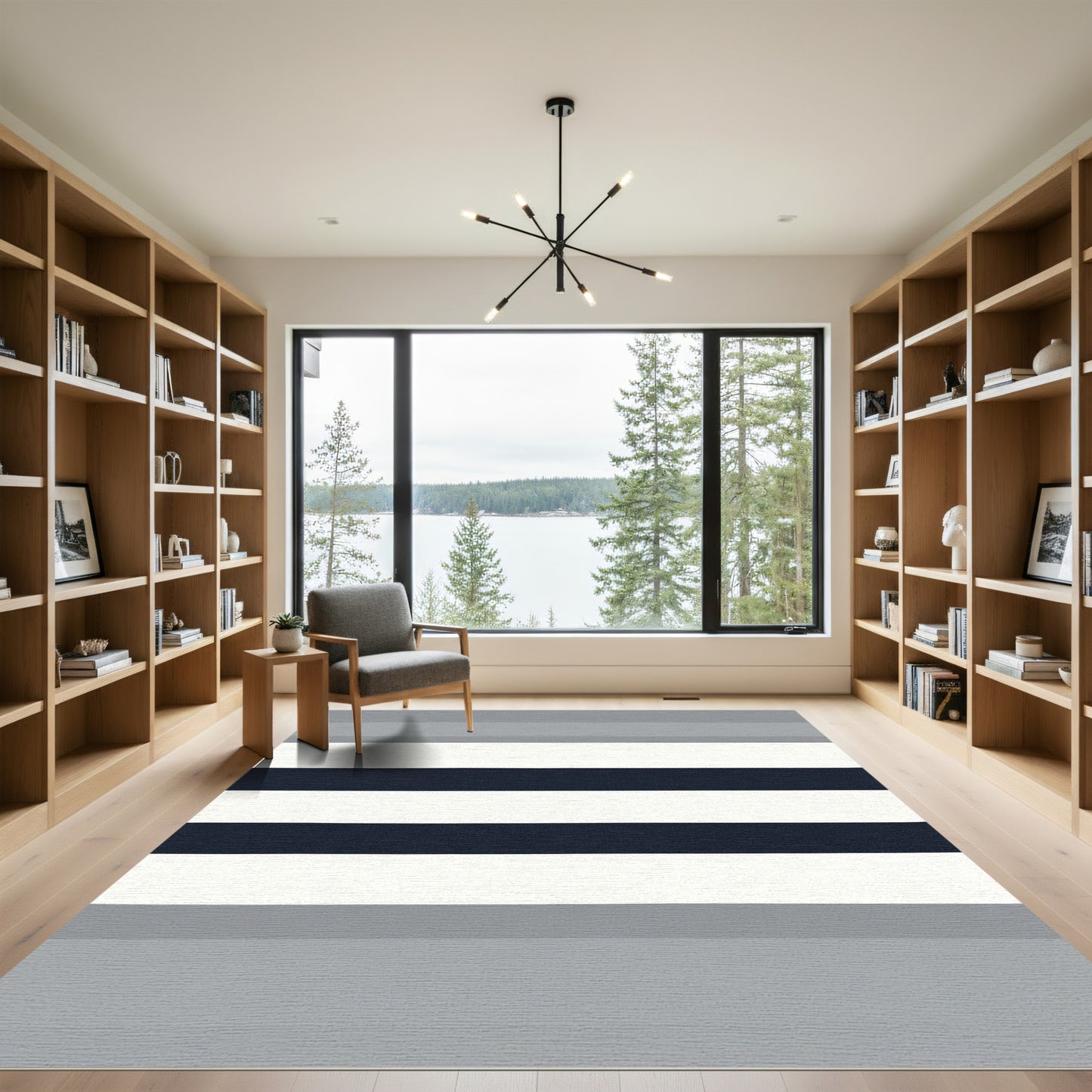Contemporary Gray Navy Stripe Rug