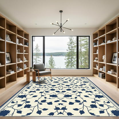 Navy Blue Floral Vine Cream Harmony Rug
