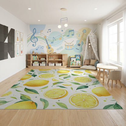 Vibrant Watercolor Lemons Green Leaves Rug