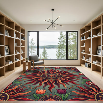 Radiant Solar Celestial Pomegranate Floral Tapestry Rug