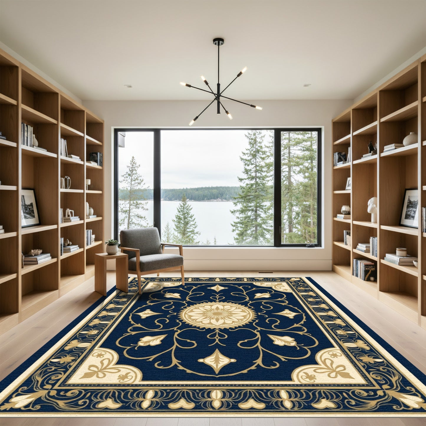 Dark Blue Golden Floral Medallion Rug