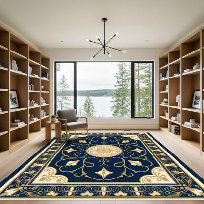 Dark Blue Golden Floral Medallion Rug