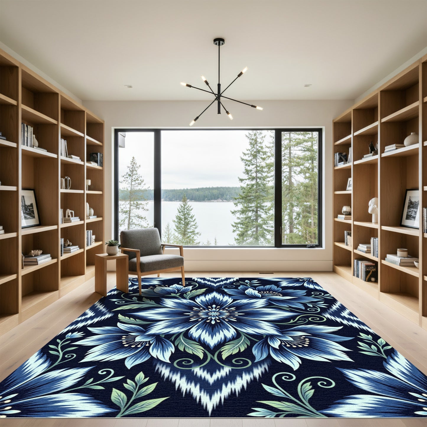 Deep Blue Floral Ikat Pattern Rug