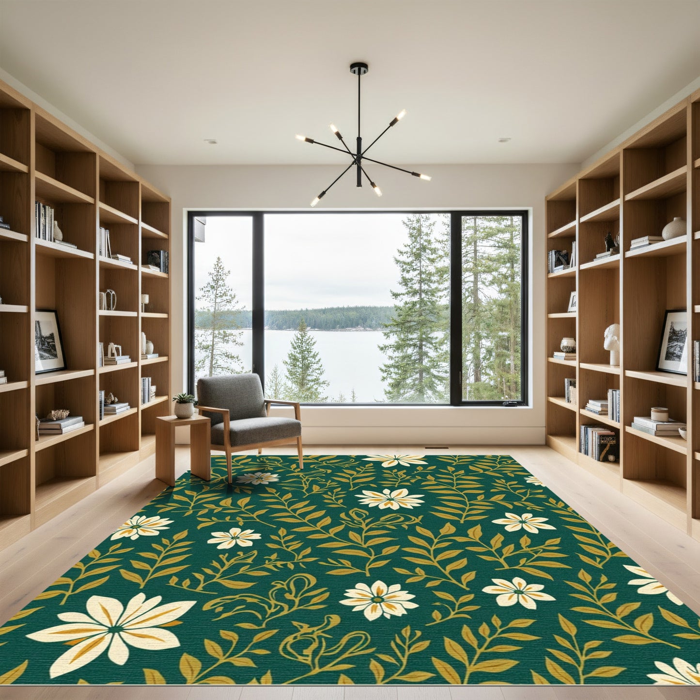 Dark Teal Ochre Floral Vine Arrangement Rug