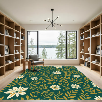 Dark Teal Ochre Floral Vine Arrangement Rug