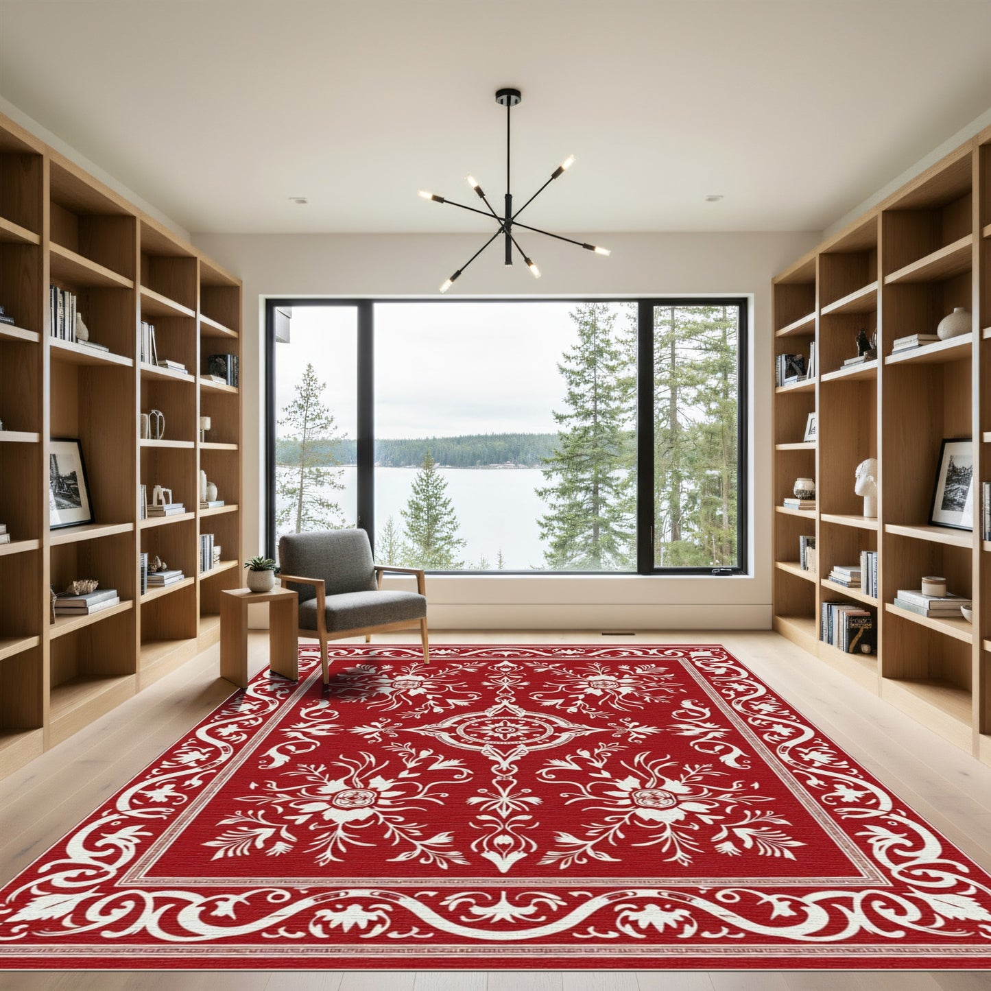 Classic Red White Floral Symmetry Rug