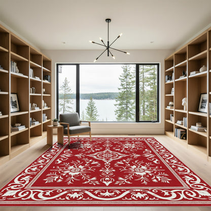 Classic Red White Floral Symmetry Rug