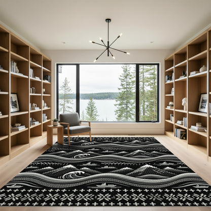 Monochromatic Mountain Wave Boat Scene Rug