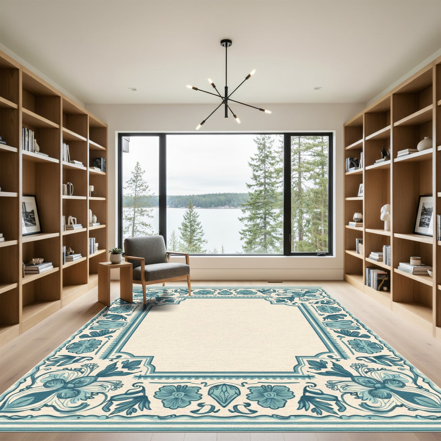 Coastal Teal Floral Medallion Border Rug
