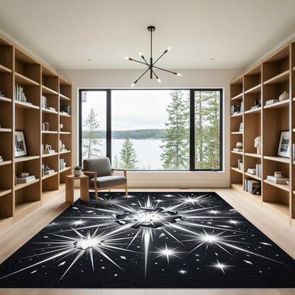 Monochrome Celestial Starburst Abstract Art Rug