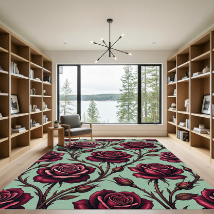 Elegant Crimson Rose Velvet Floral Rug