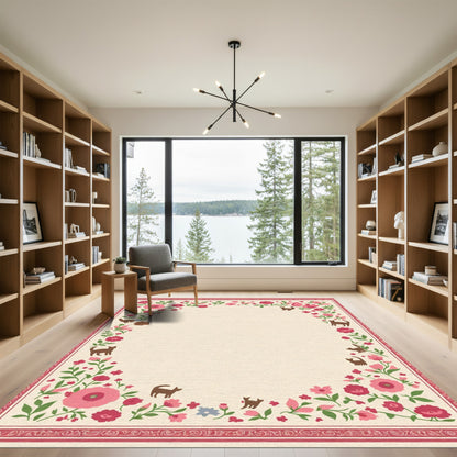 Whimsical Floral Cat Border Cream Rug