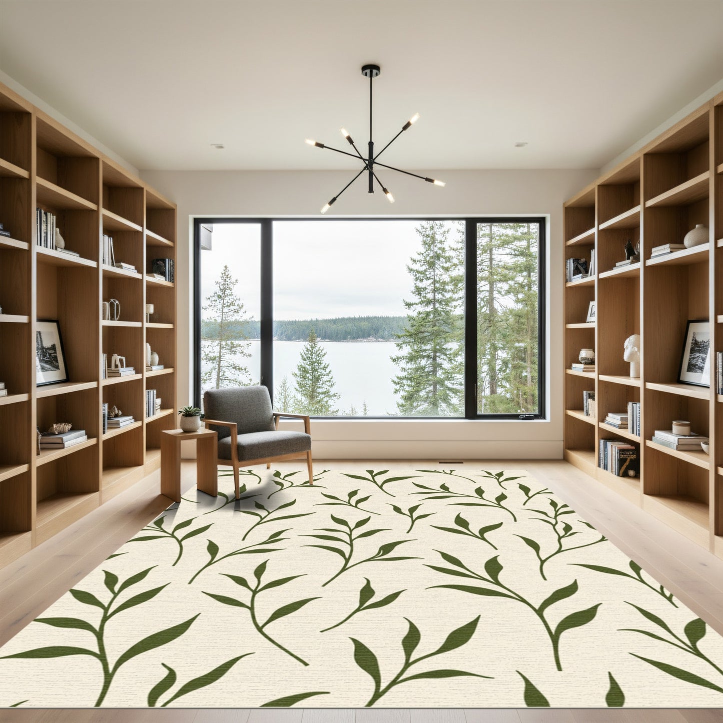Olive Green Stemmed Foliage Pattern Rug