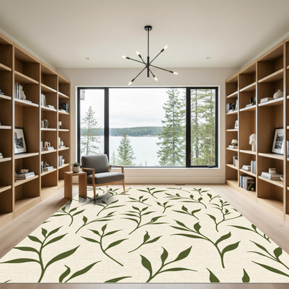 Olive Green Stemmed Foliage Pattern Rug