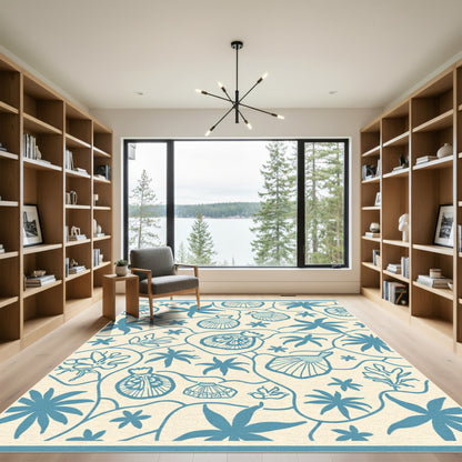 Blue Coastal Seashell Botanical Garden Rug