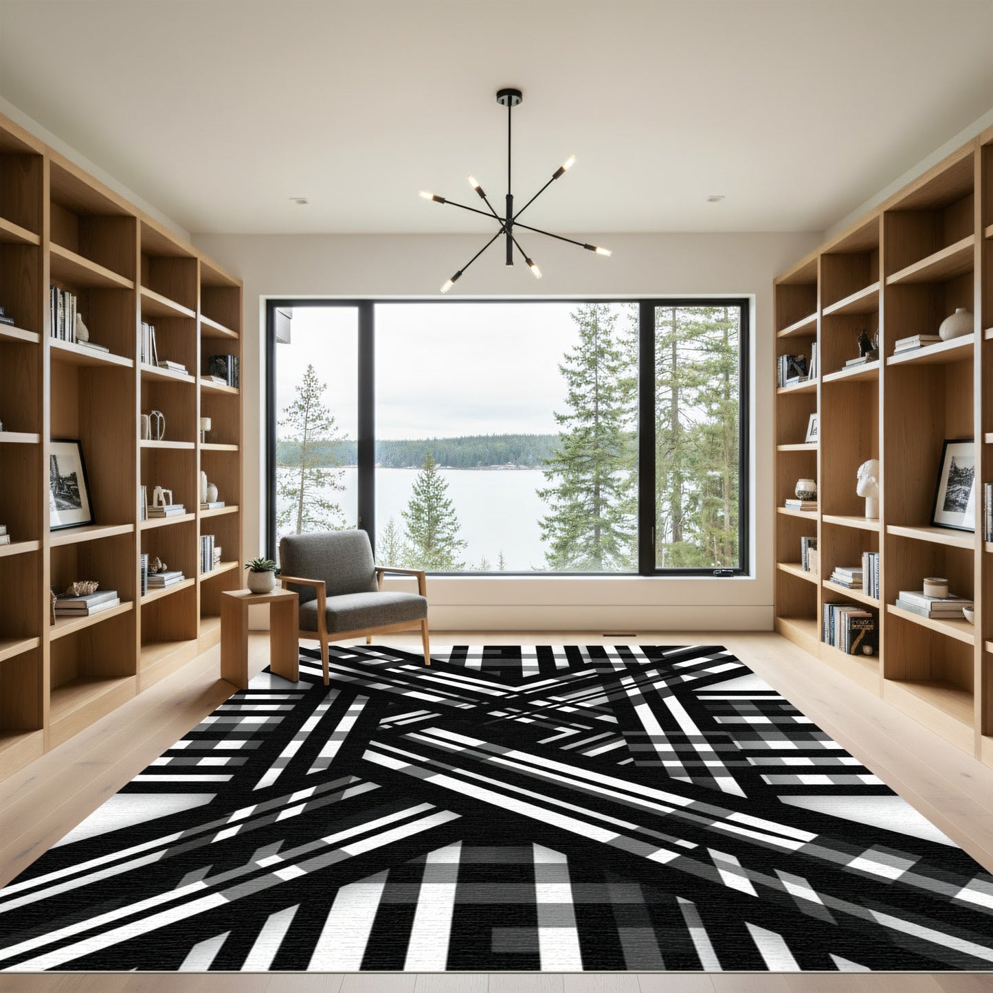 Black White Intersecting Stripes Rug
