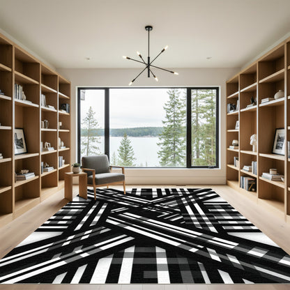 Black White Intersecting Stripes Rug