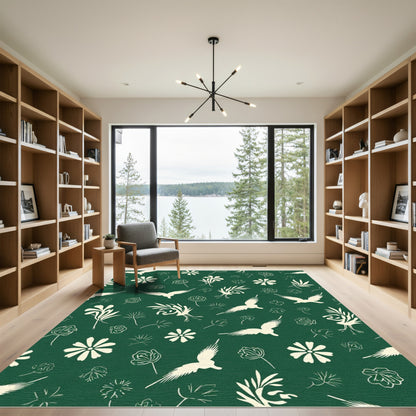 Cream Birds and Floral Sprigs on Emerald Rug